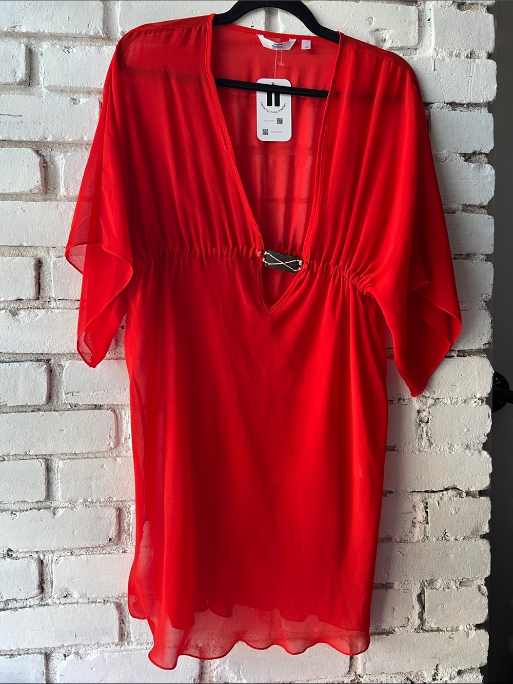 Unbranded Red V-Neck Sheer Tunic with Cinched Waist